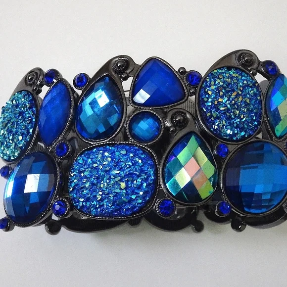 Iridescent Blue Jewel Druzy Big Stretch Bangle Statement Bracelet - Picture 5 of 5